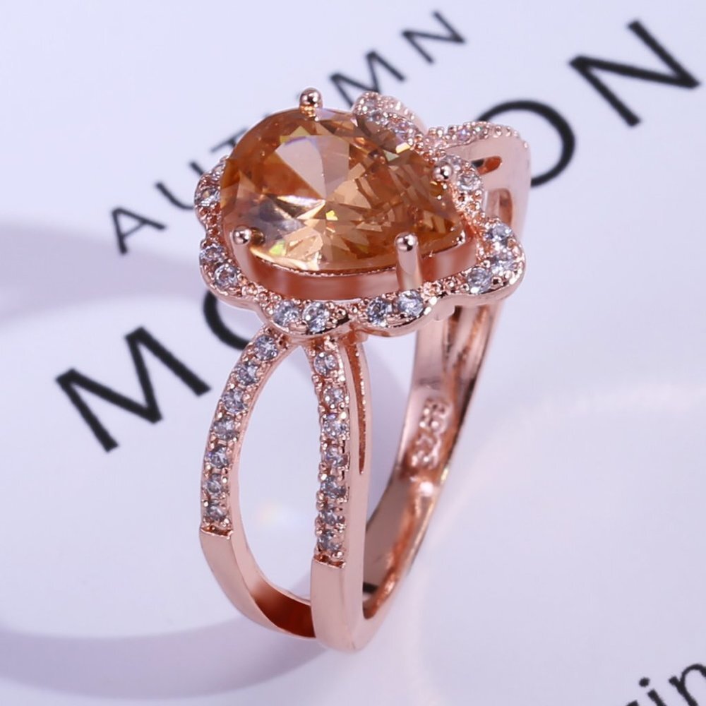 💞 Elegant Pear Zircon Double Layer Rose Gold Water Drop Ring for Women, VIP542